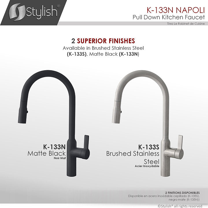 Stylish Napoli 18.75" Kitchen Faucet Single Handle Pull Down Dual Mode Stainless Steel Matte Black Finish K-133N - Renoz