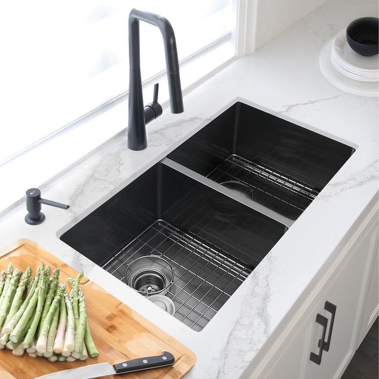 Stylish 32" x 18" Graphite Black Double Bowl Undermount Stainless Steel Kitchen Sink with Grids and Basket Strainers Opal - Renoz