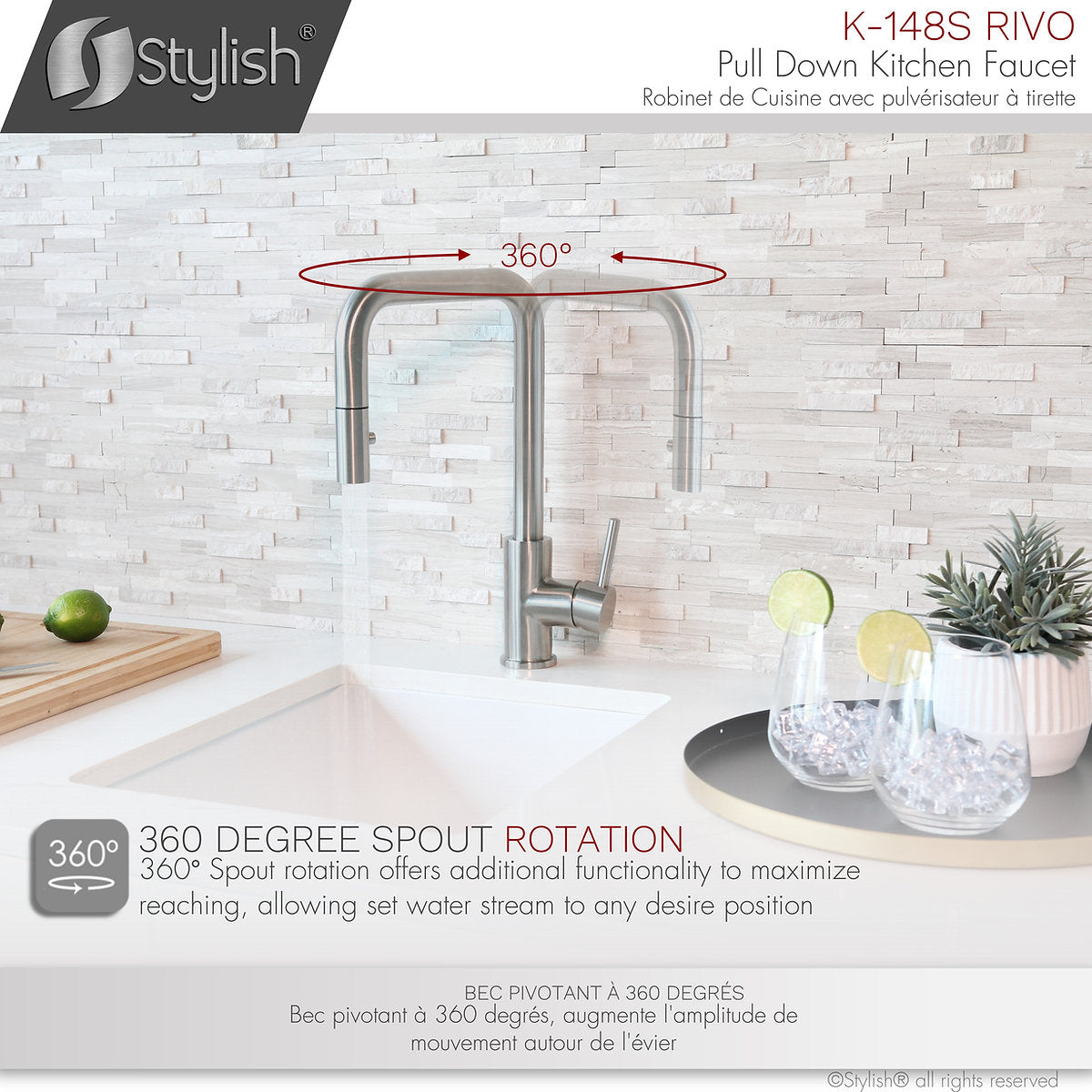 Stylish Rivo Single Handle Pull Down Kitchen Faucet - Stainless Steel Finish K-148S