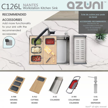 Élégant Évier de cuisine à cuve unique avec poste de travail réversible Nantes 25 po x 19 po Azuni en acier inoxydable C126l