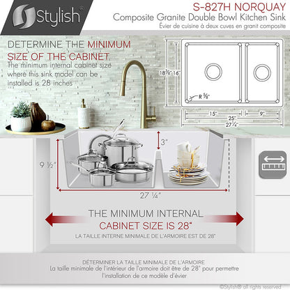 Stylish - 27 Inch Dual Mount 60/40 Double Bowl Granite Kitchen Sink With Strainer - S-827