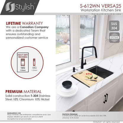 Stylish Versa25 25" x 19" Handmade Graphite Black Workstation Single Bowl Kitchen Sink Built in Accessories S-612WN - Renoz