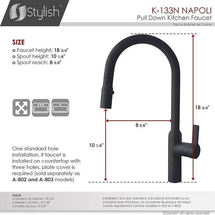 Stylish Napoli 18.75" Kitchen Faucet Single Handle Pull Down Dual Mode Stainless Steel Matte Black Finish K-133N - Renoz