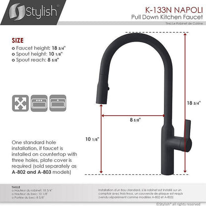 Stylish Napoli 18.75" Kitchen Faucet Single Handle Pull Down Dual Mode Stainless Steel Matte Black Finish K-133N - Renoz