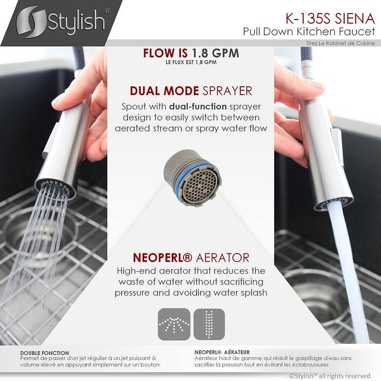 Stylish Siena Kitchen Faucet Single Handle Pull Down Dual Mode Stainless Steel Brushed Finish K-135S - Renoz