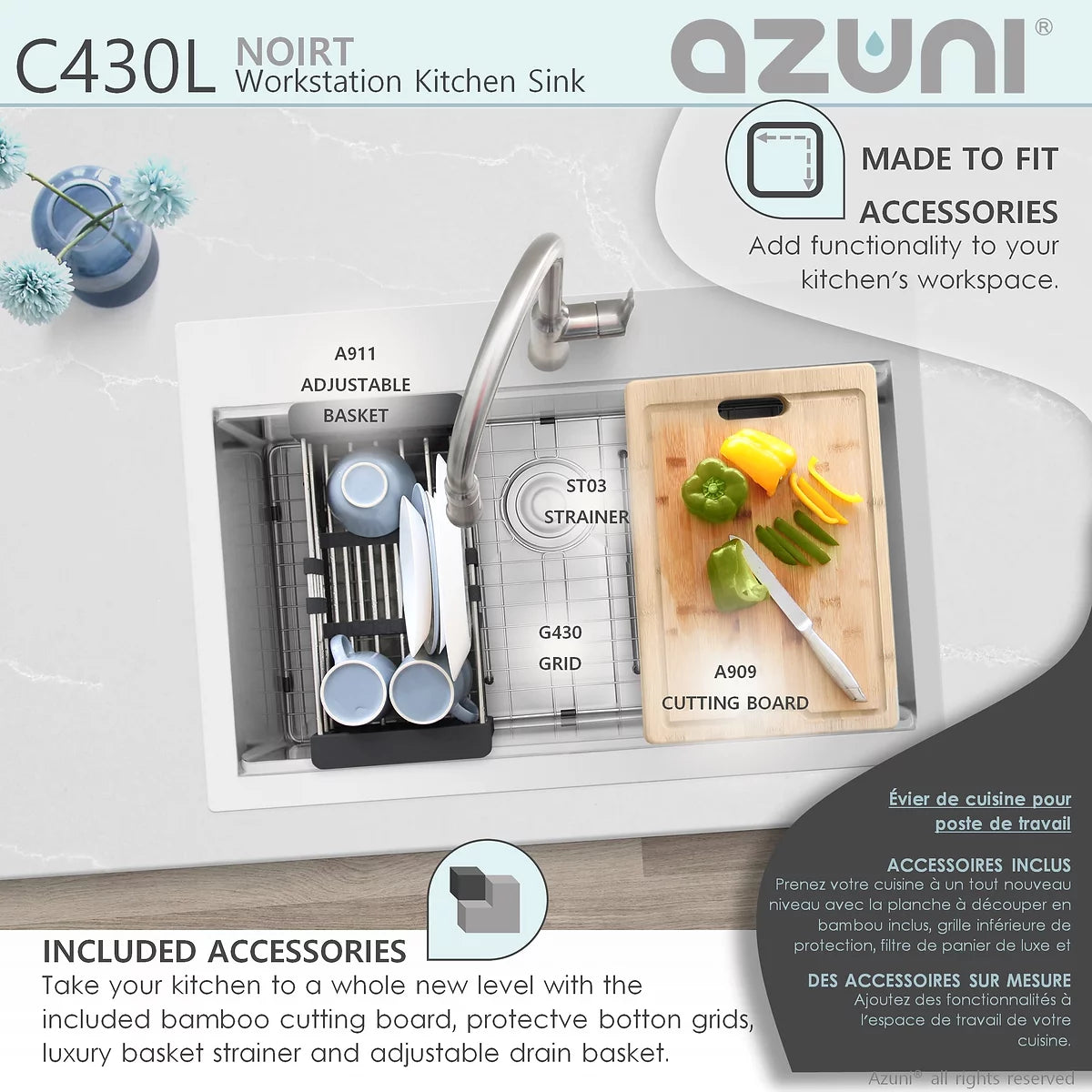 Azuni 31" x 20.5" Noirt Workstation Single Bowl Kitchen Sink Stainless Steel C430l