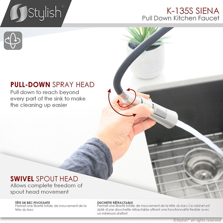 Stylish Siena Kitchen Faucet Single Handle Pull Down Dual Mode Stainless Steel Brushed Finish K-135S - Renoz