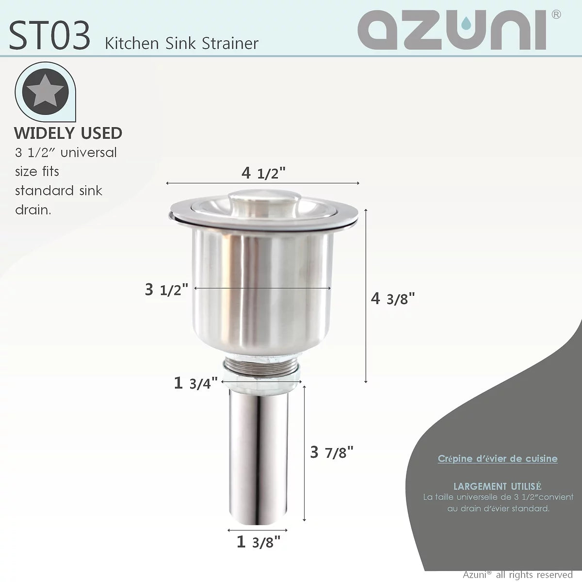 Crépine d'évier de cuisine en acier inoxydable élégant Azuni Luxury Baset ST03