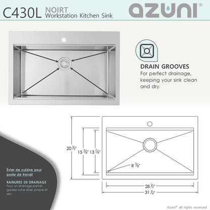 Azuni 31" x 20.5" Noirt Workstation Single Bowl Kitchen Sink Stainless Steel C430l