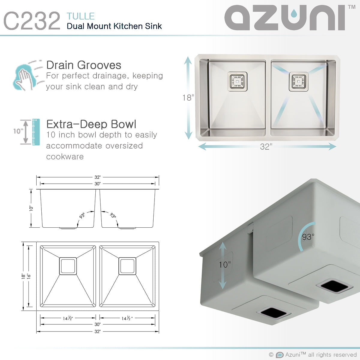 Élégant Crépine carrée en tulle Azuni 32 po x 18 po Calibre 16 Évier de cuisine en acier inoxydable à double cuve 50/50 à encastrer ou à encastrer C232