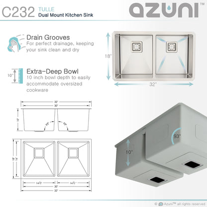 Élégant Crépine carrée en tulle Azuni 32 po x 18 po Calibre 16 Évier de cuisine en acier inoxydable à double cuve 50/50 à encastrer ou à encastrer C232