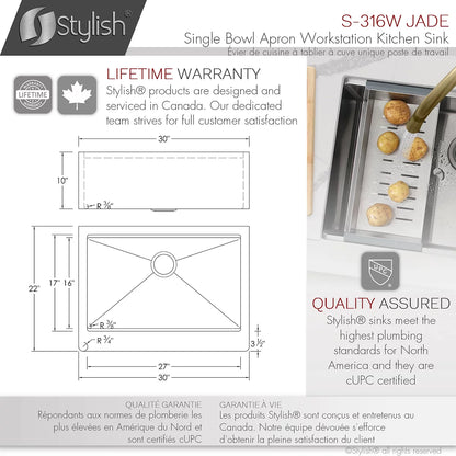 Élégant poste de travail de ferme Jade 30 "x 22" évier de cuisine à tablier en acier inoxydable à cuve unique avec accessoires intégrés S-316W