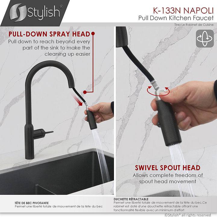 Stylish Napoli 18.75" Kitchen Faucet Single Handle Pull Down Dual Mode Stainless Steel Matte Black Finish K-133N - Renoz