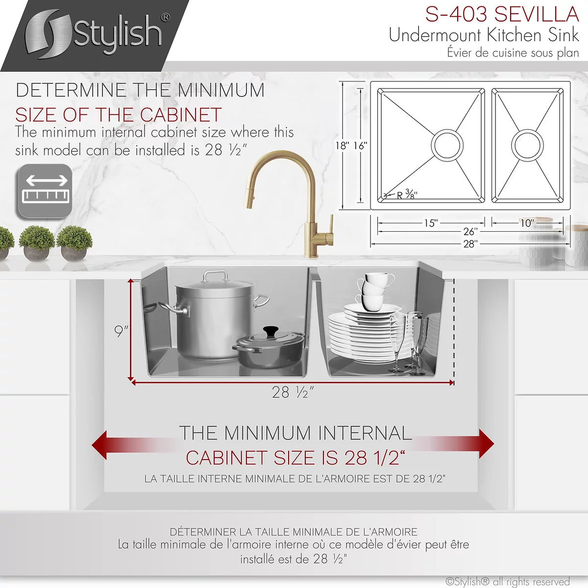 Stylish Sevilla 28" x 18" Undermount Double Bowl Kitchen Sink 18 Gauge Stainless Steel with Standard Strainers S-403