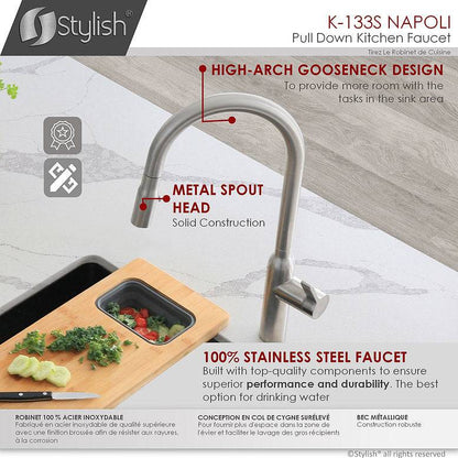 Stylish Napoli 18.75" Kitchen Faucet Single Handle Pull Down Dual Mode Stainless Steel Brushed Finish K-133S - Renoz