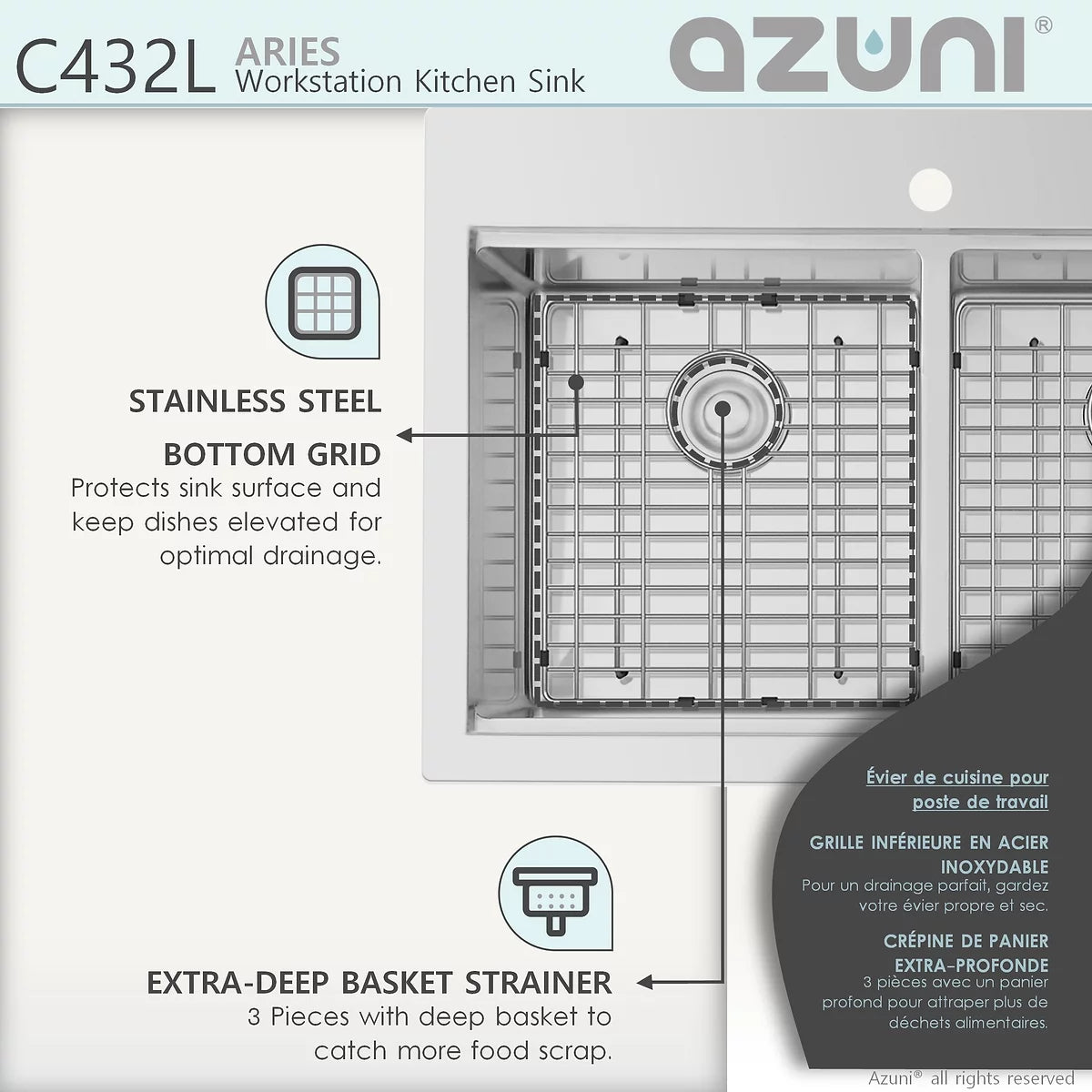 Élégant évier de cuisine à double cuve pour poste de travail Azuni Aries 31 po x 20,5 po en acier inoxydable C432L