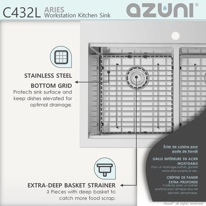 Élégant évier de cuisine à double cuve pour poste de travail Azuni Aries 31 po x 20,5 po en acier inoxydable C432L