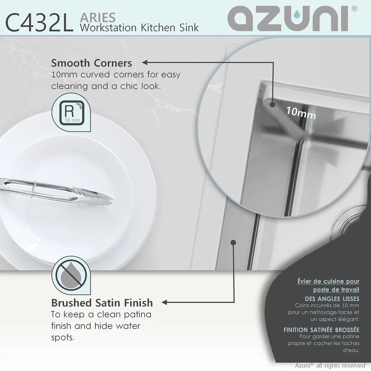 Élégant évier de cuisine à double cuve pour poste de travail Azuni Aries 31 po x 20,5 po en acier inoxydable C432L