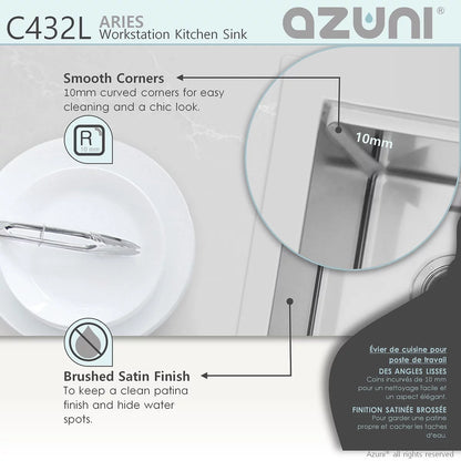 Élégant évier de cuisine à double cuve pour poste de travail Azuni Aries 31 po x 20,5 po en acier inoxydable C432L