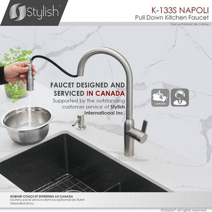 Stylish Napoli 18.75" Kitchen Faucet Single Handle Pull Down Dual Mode Stainless Steel Brushed Finish K-133S - Renoz