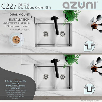 Azuni 27" x 18" Dijon Dual mount Double Bowl Kitchen Sink Stainless Steel C227