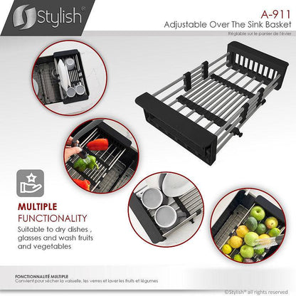 Stylish Adjustable Over the Sink Stainless Steel Dish or Vegetable Drainer Basket - Renoz