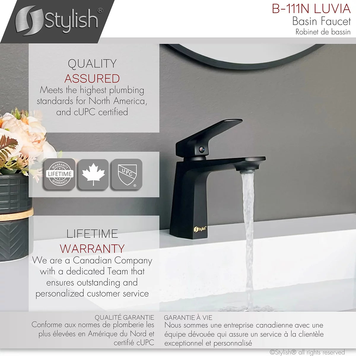 Stylish Luvia Bathroom Faucet Single Handle Matte Black Finish B-111N