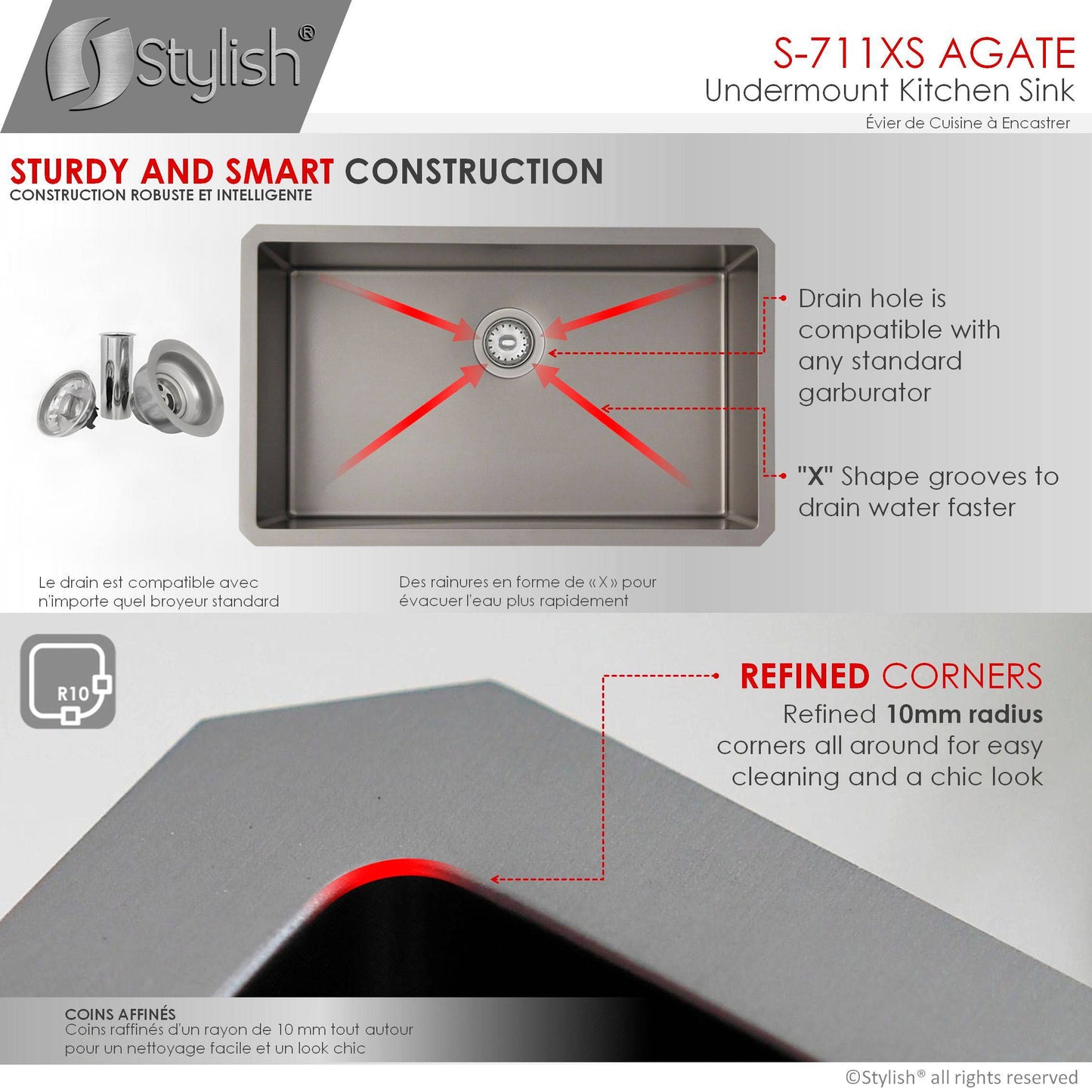 Stylish Agate 30" x 18" Graphite Single Bowl Undermount Stainless Steel Kitchen Sink S-711XN - Renoz