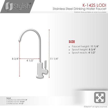 Stylish Lodi 11.25" Kitchen Drinking Water Tap Faucet, Stainless Steel Brushed Finish K-142S - Renoz