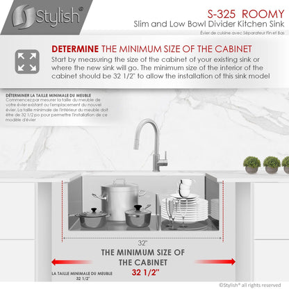 Stylish Roomy 32" x 18" Low Divider 60-40 Double Bowl Undermount Stainless Steel Kitchen Sink S-325XG - Renoz