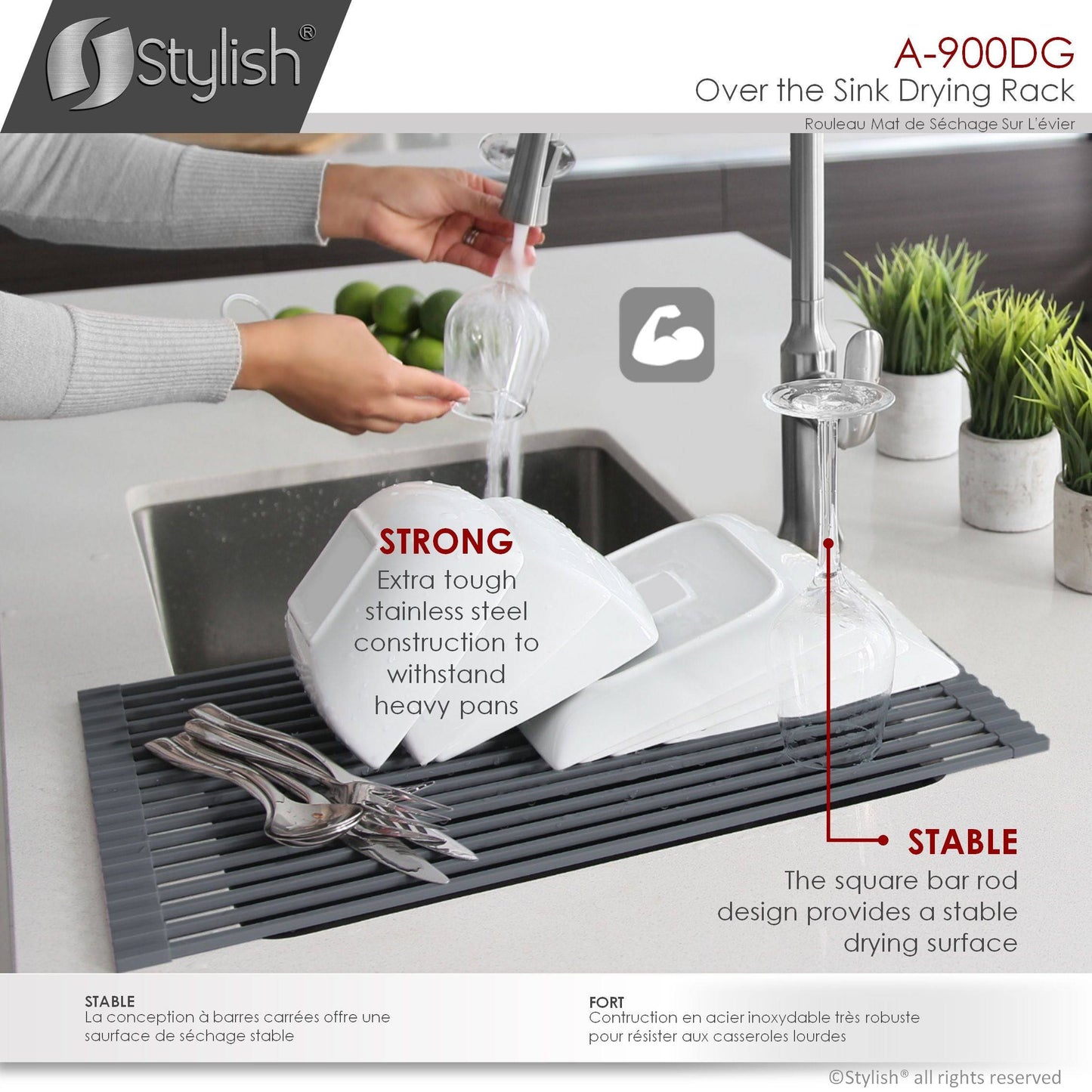 Stylish 20" Over the Sink Roll-up Drying Rack Dark Gray A-900DG - Renoz