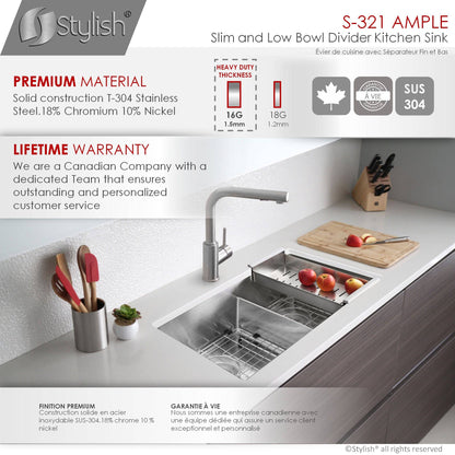 Stylish Ample 32" x 18" Slim Low Divider Double Bowl Undermount Stainless Steel Kitchen Sink S-321XG - Renoz