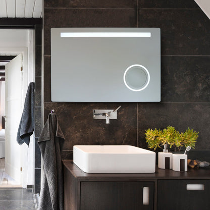 WarmlyYours Judy Wall Mounted 36ʺ x 24ʺ LED Mirror with Built-in Magnifying Mirror and Defogger