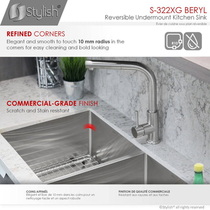 Stylish Beryl 33" x 18" Double Bowl 60/40 Reversible Undermount 16G Stainless Steel Kitchen Sink S-322XG - Renoz