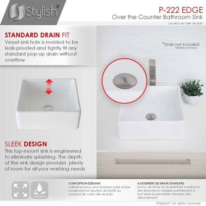 Stylish Edge 15" x 15" Square Vessel Bathroom Sink Enamel Glaze Finish P-222 - Renoz