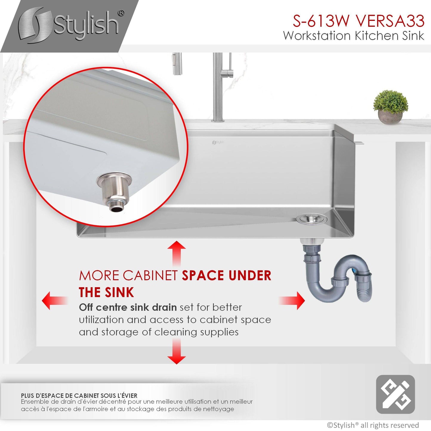 Stylish Versa33 33" x 19" Workstation Single Bowl Undermount 16 Gauge Stainless Steel Kitchen Sink with Built in Accessories S-613W - Renoz