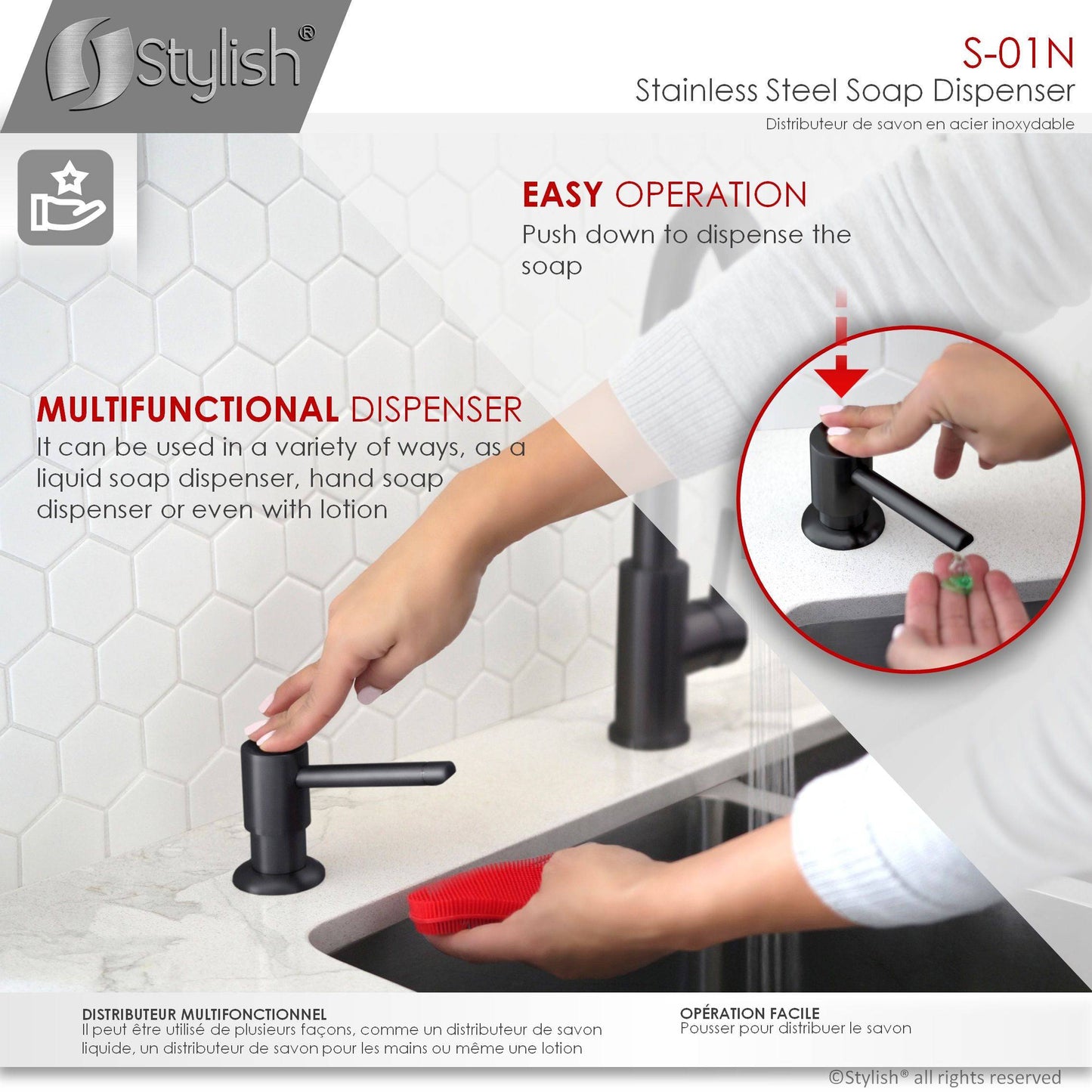 Stylish Stainless Steel Soap Dispenser Pump Liquid Hand Lotion Dispenser Matte Black S-01N - Renoz