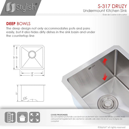 Stylish Druzy 15" x 15" Single Bowl Undermount Stainless Steel Kitchen Bar Prep Sink S-317G - Renoz