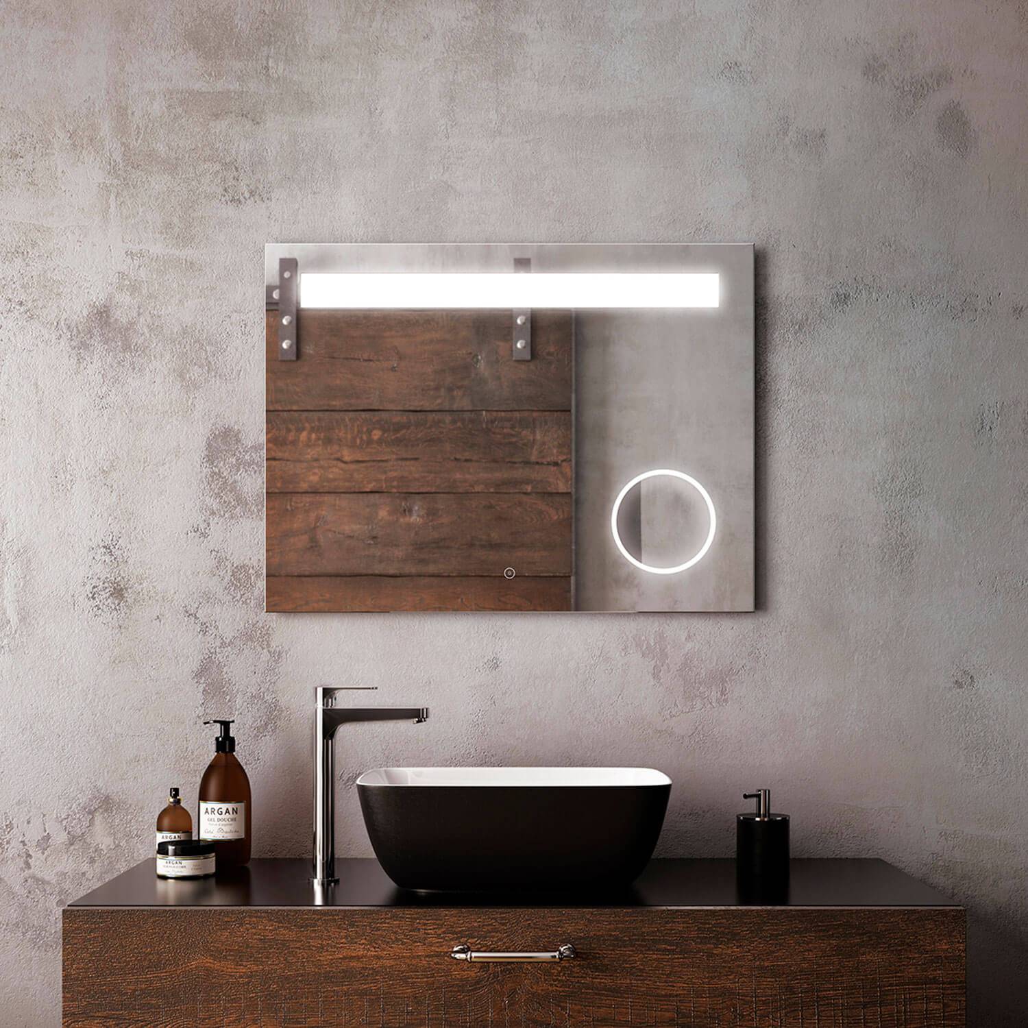 Kalia EMBLEM Rect. LED Lighting Mirror 32" x 24" With Frosted Horizontal Strip and 3X Magnifying Mirror and 2-Tones Touch Switch - Renoz