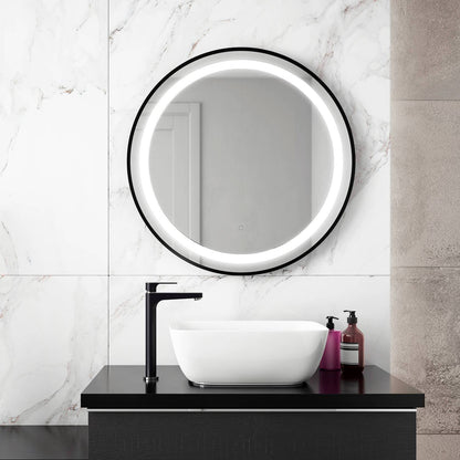 Kalia EFFECT Ø30" LED Illuminated Round Mirror with Frosted Strip, Black Frame and Touch-Switch for Color Temperature Control - Renoz