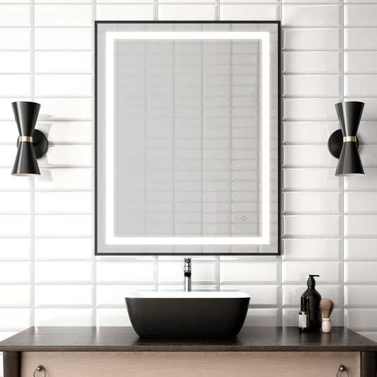 Kalia EFFECT 30" x 38" LED Illuminated Rectangular Mirror with Frosted Strip, Black Frame and Touch-Switch for Color Temperature Control - Renoz