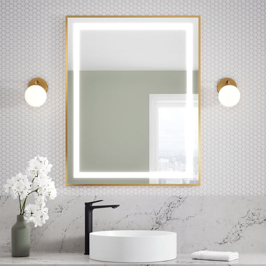 Kalia - Miroir rectangulaire éclairé à effet LED avec bande givrée, cadre doré brossé et interrupteur tactile pour contrôle de la température de couleur 30" X 38" X 1⅝"