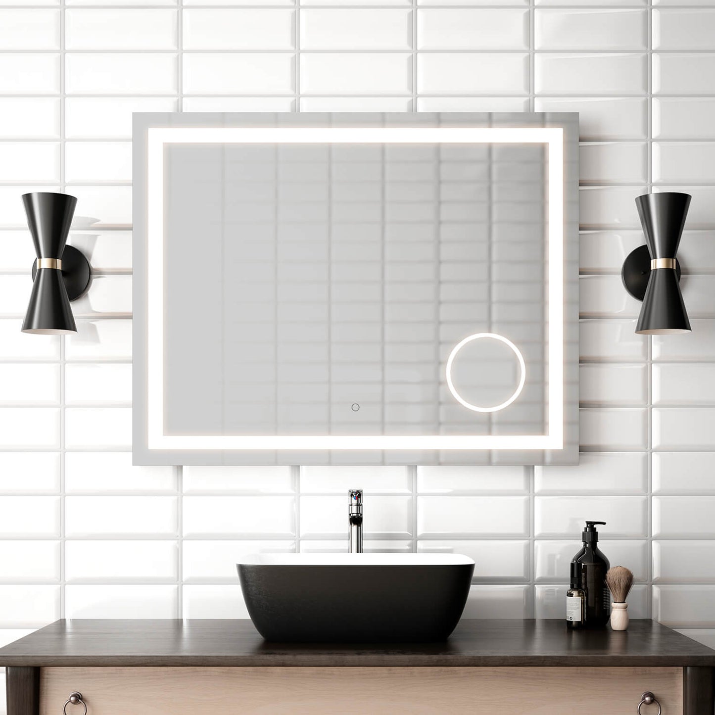 Kalia EFFECT 30" x 38" LED Illuminated Rectangular Mirror with Frosted Strip, Illuminated Magnifying Mirror (3X) and Touch-Switch for Color Temperature Control - Renoz