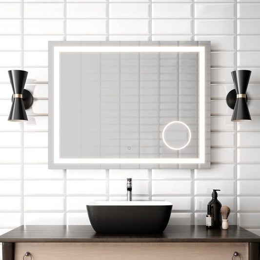 Kalia EFFECT 30" x 38" LED Illuminated Rectangular Mirror with Frosted Strip, Illuminated Magnifying Mirror (3X) and Touch-Switch for Color Temperature Control - Renoz