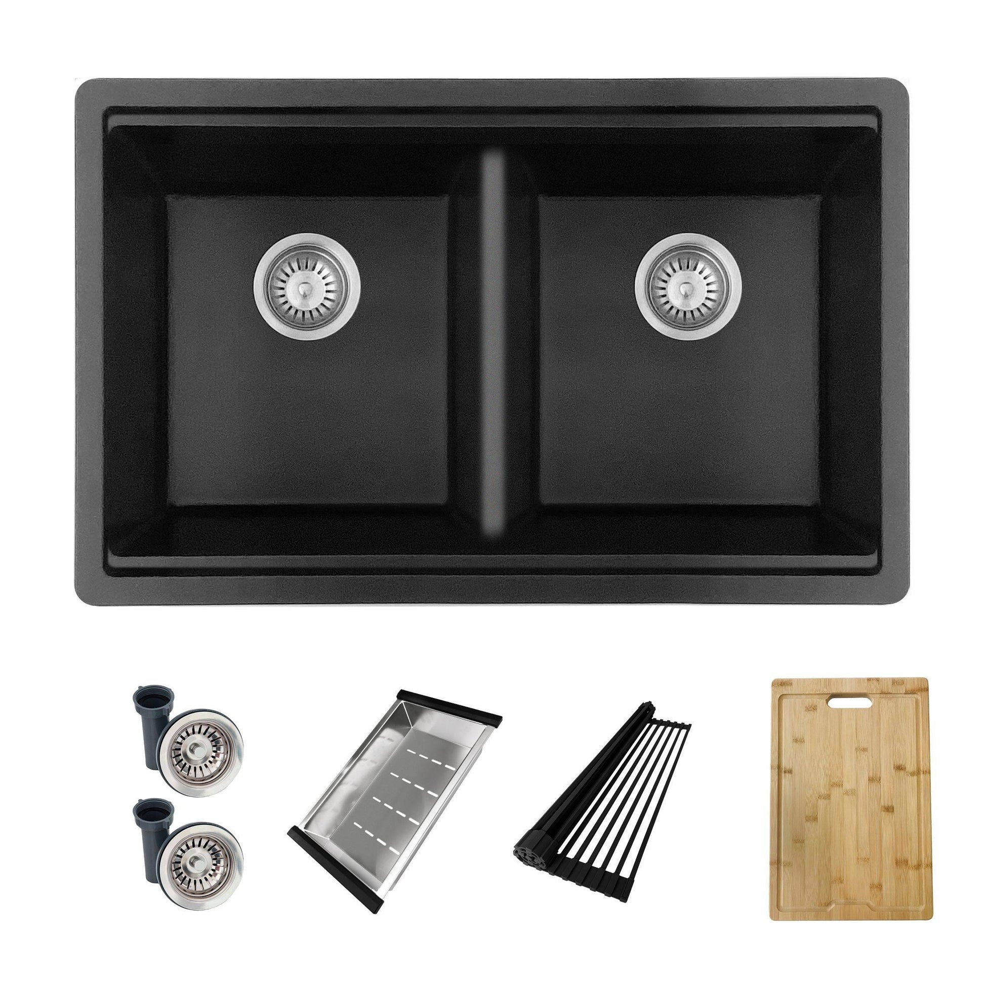 Stylish Banff 33" x 18" Dual Mount Workstation Double Bowl Black Composite Granite Kitchen Sink with Built in Accessories - Renoz