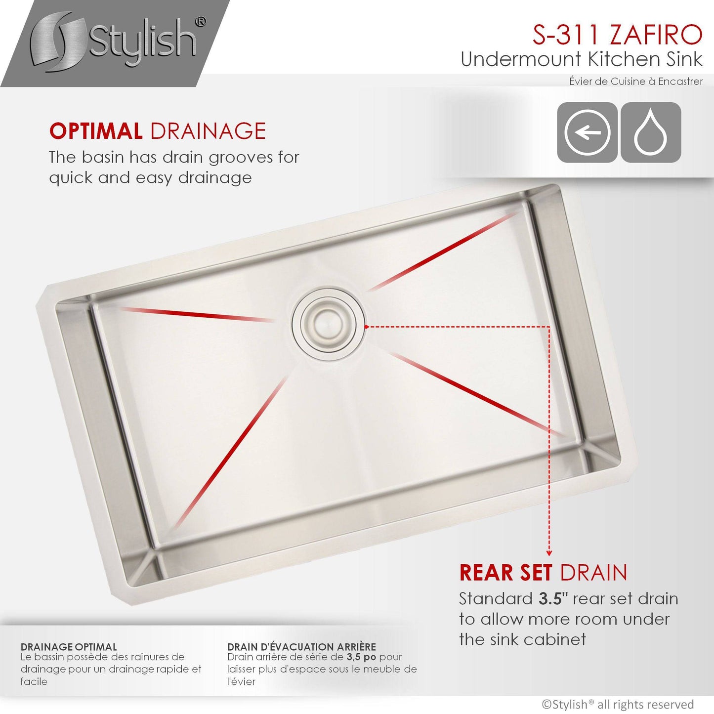 Stylish Zafiro 30" x 18" Single Bowl Undermount Stainless Steel Kitchen Sink S-311XG - Renoz