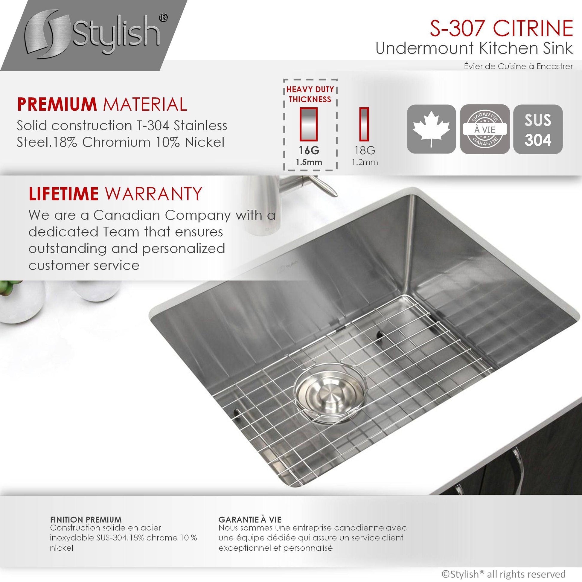 Stylish Citrine 23" x 18" Single Bowl Undermount Stainless Steel Kitchen Sink S-307XG - Renoz