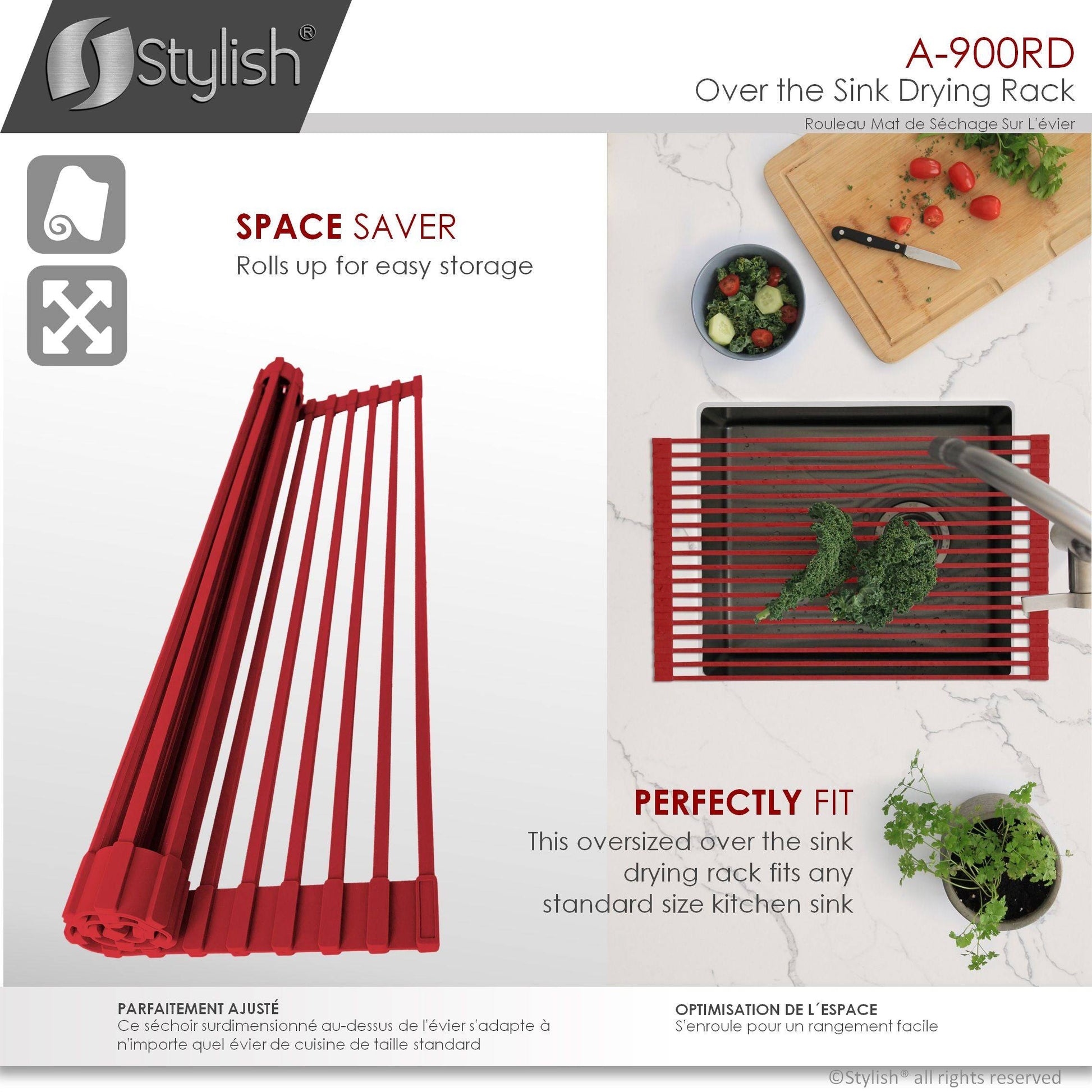 Stylish 20" Over the Sink Roll-up Drying Rack Red A-900RD - Renoz