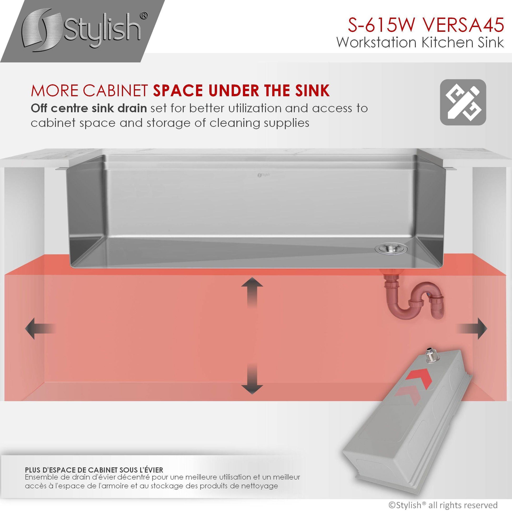 Stylish Versa45 45" x 19" Ledge Workstation Single Bowl Undermount 16 Gauge Stainless Steel Kitchen Sink with Built in Accessories S-615W - Renoz