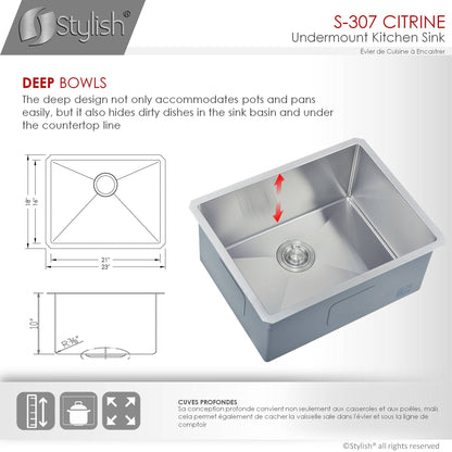 Stylish Citrine 23" x 18" Single Bowl Undermount Stainless Steel Kitchen Sink S-307XG - Renoz